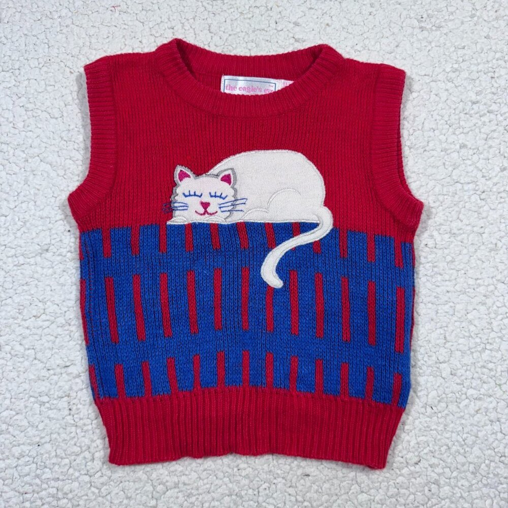 Vtg The Eagle's Eye Kids Sweater Vest sz Small (4-5) Red Blue Sleeping Cat